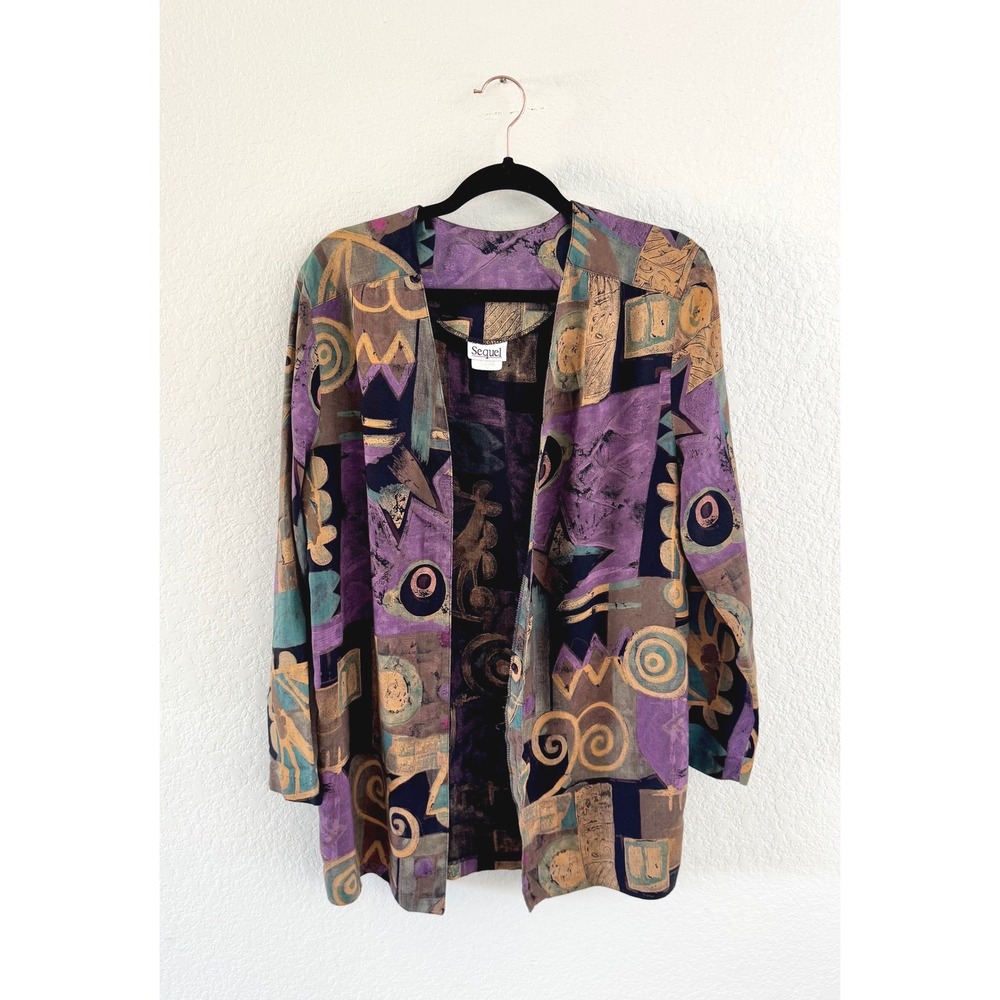 Sequel Open Front Cardigan Jacket Rayon Abstract Geometric Purple Vintage 12